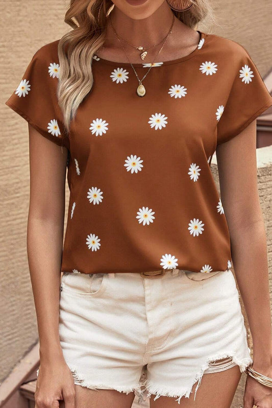 Daisy Printed Round Neck Short Sleeve Blouse nicholesgifts