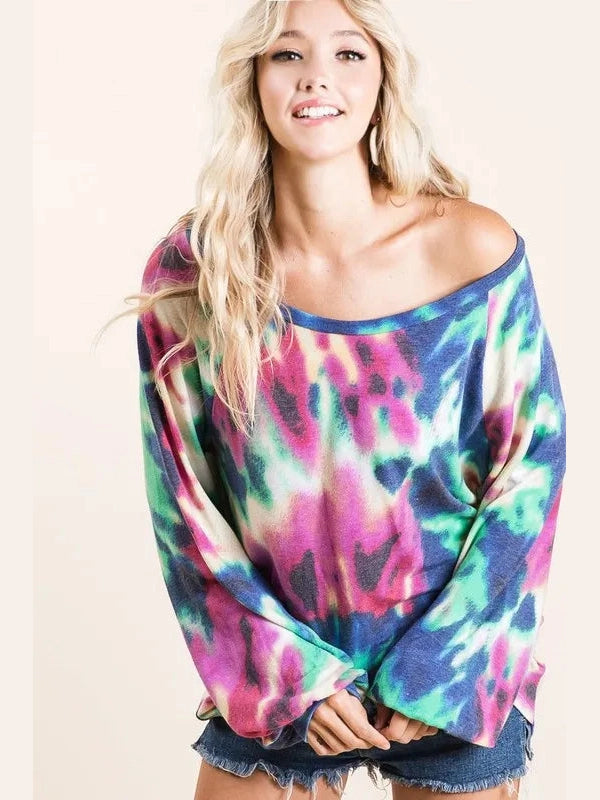 BiBi Tie Dye Print Terry Top with Puff Sleeves nicholesgifts