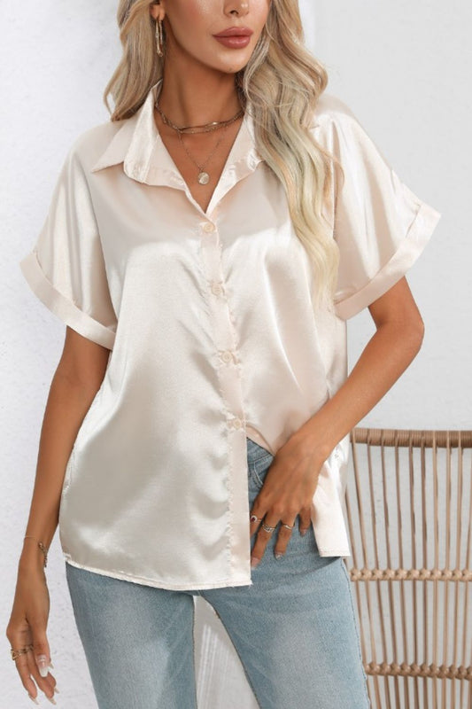 Women Collared Neck Short Sleeve Shirt nicholesgifts