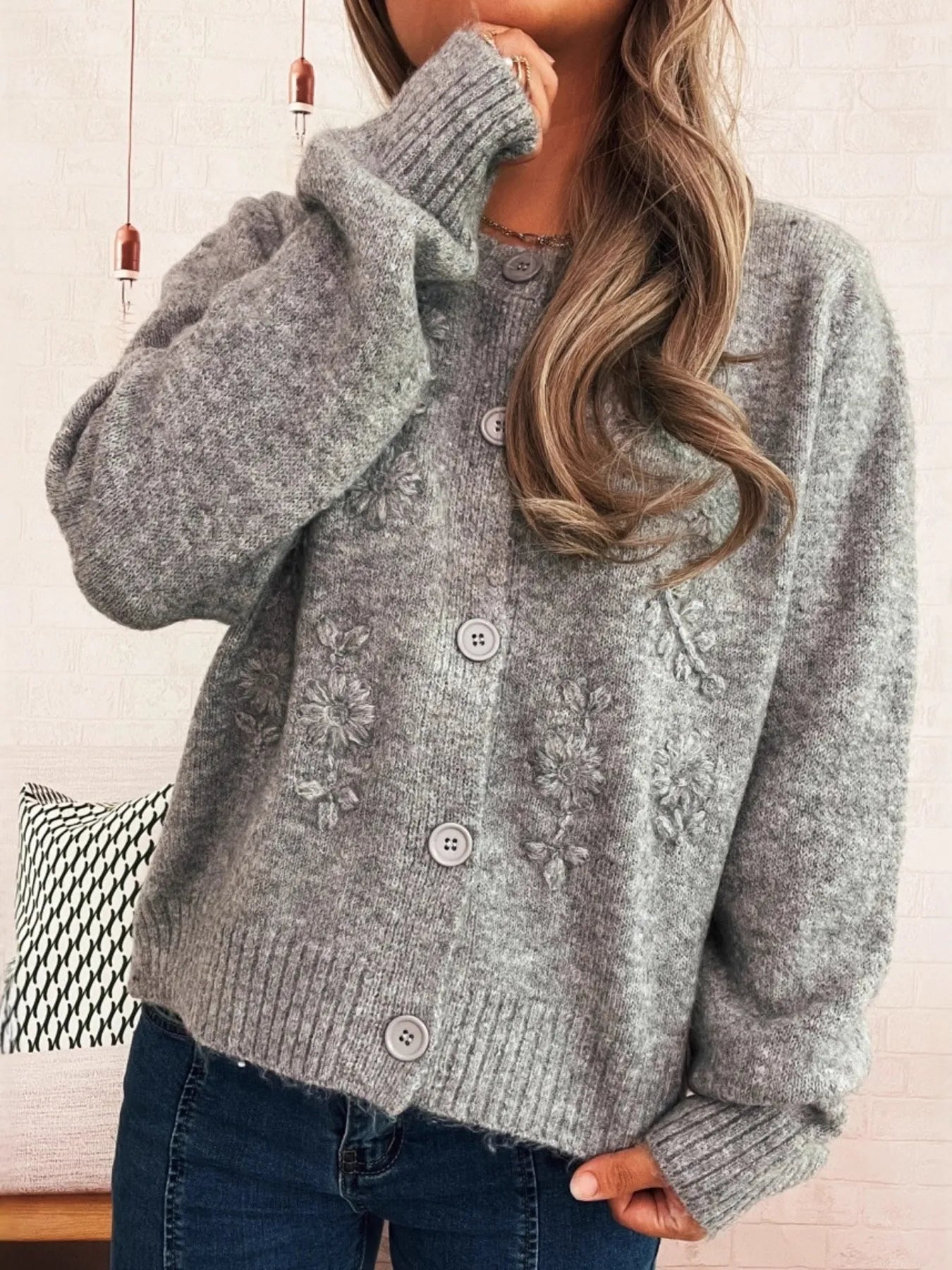 Flower Button Up Ribbed Hem Cardigan
