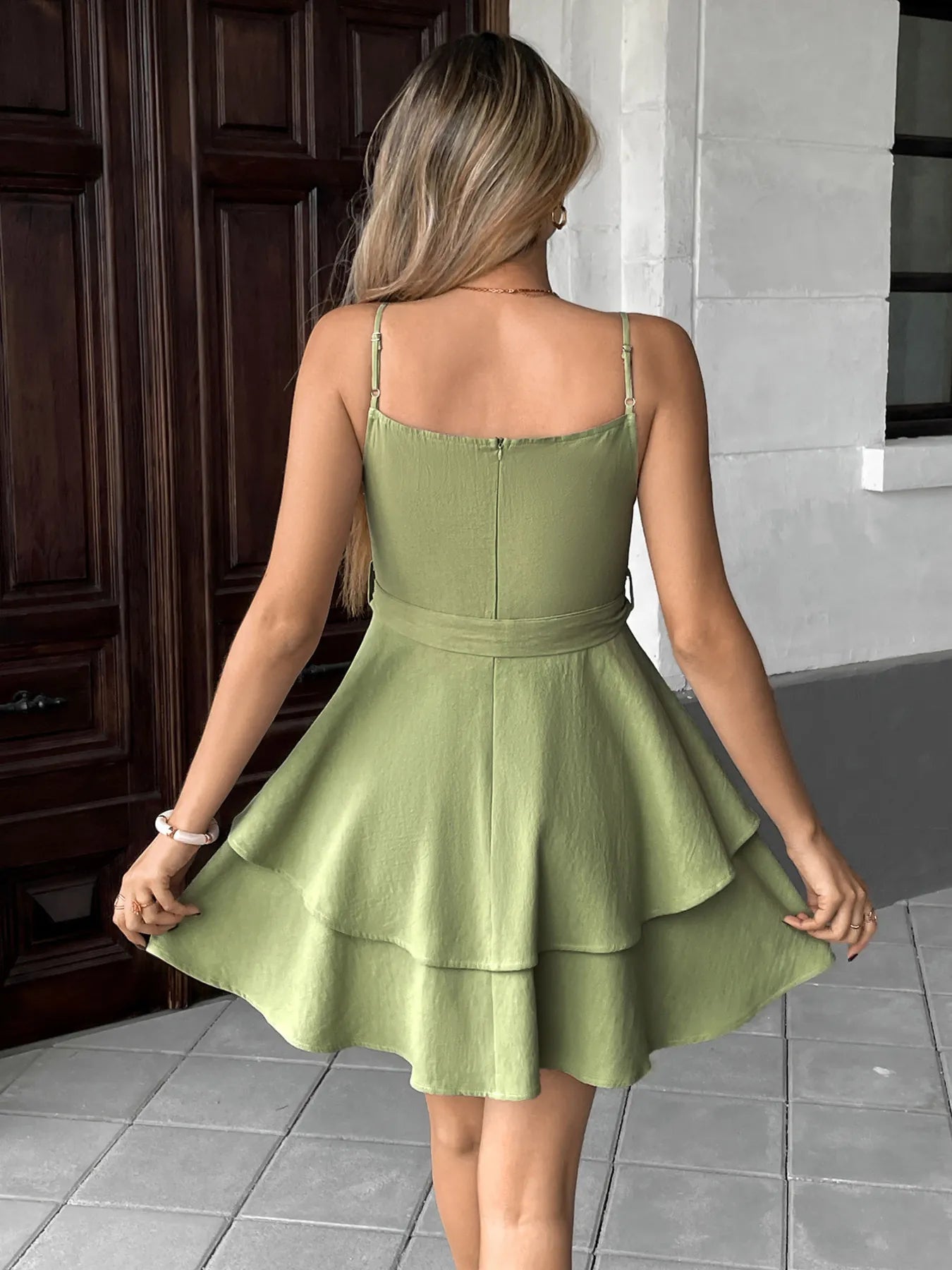 Ruffle Layered Cami Mini Dress with Bow Belt NicholesGifts