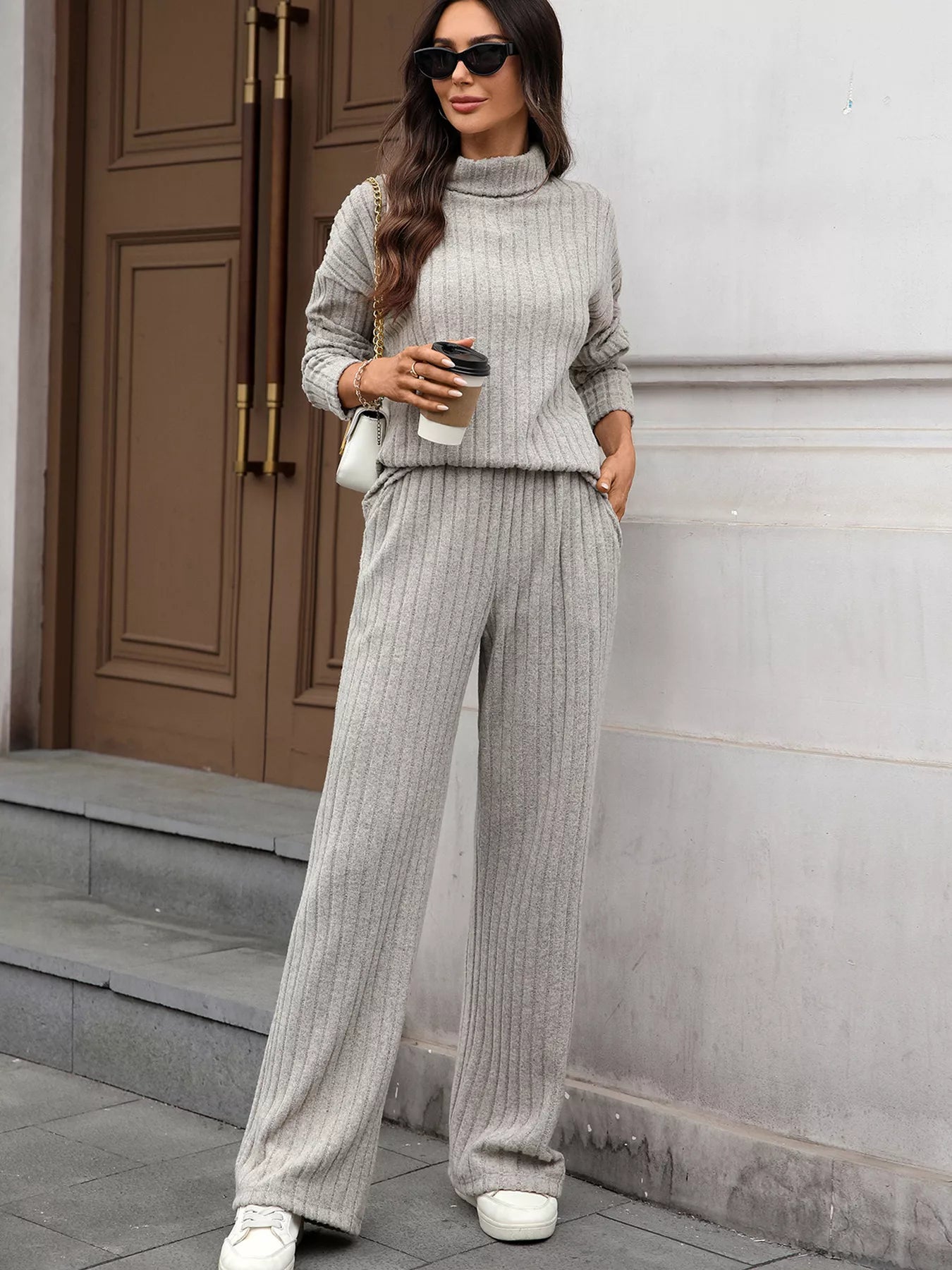 Ribbed Turtleneck Dropped Shoulder Top and Pants Sweater Set Trendsi