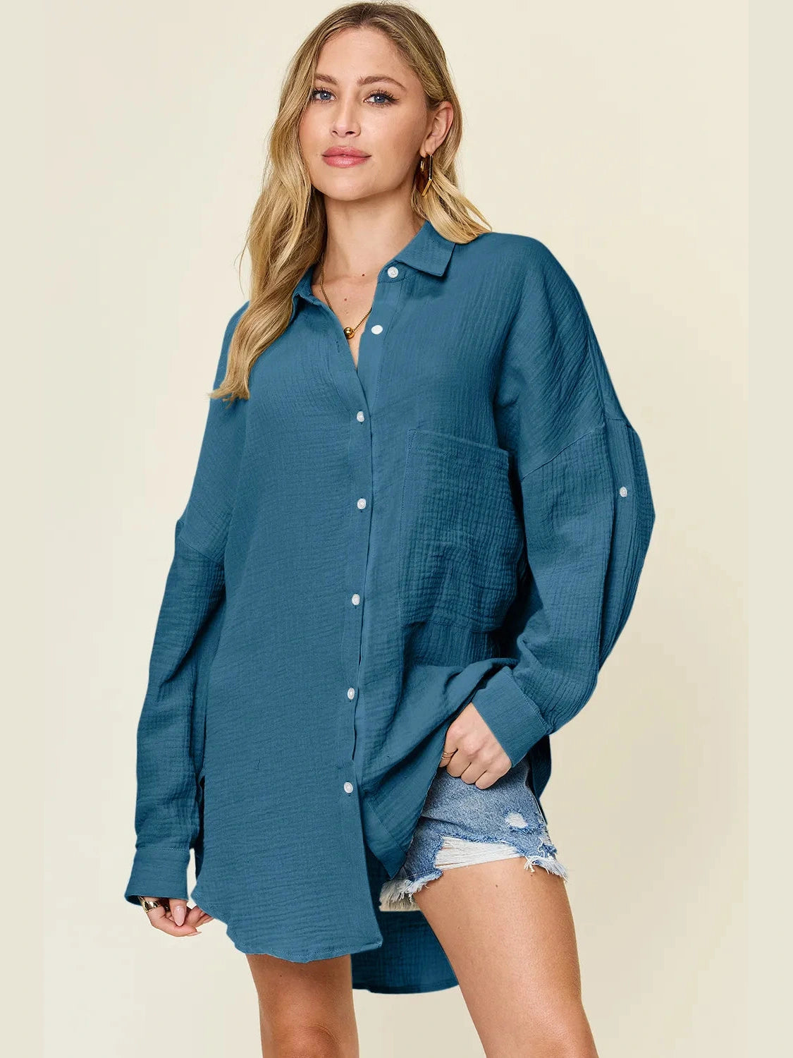 Double Take Full Size Pocketed Texture Button Up Shirt