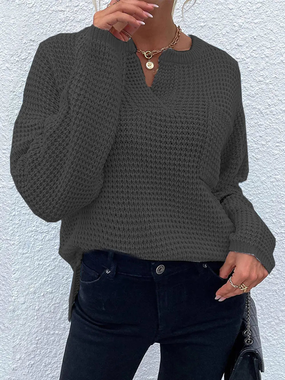 Notched Long Sleeve Sweater nicholesgifts