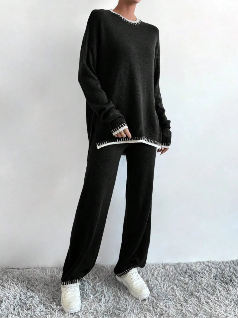 Side Slit Contrast Trim Round Neck Top and Pants Sweater Set nicholesgifts