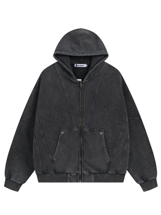 Men's Washed Zip Up Long Sleeve Hooded Jacket