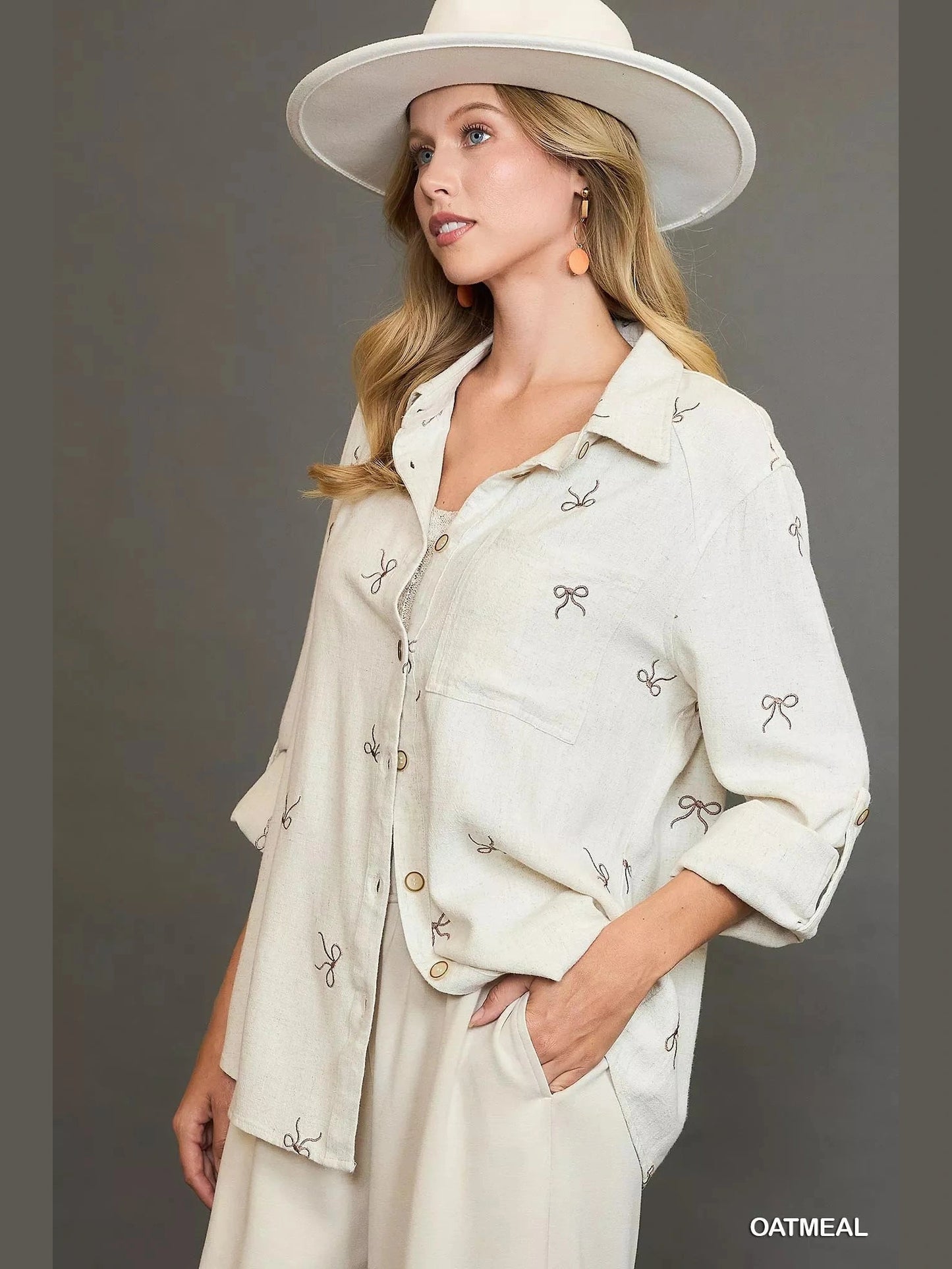 Women Umgee Linen Blend Long Sleeve Fitted Shirt with Ribbon Embroidery Details NicholesGifts