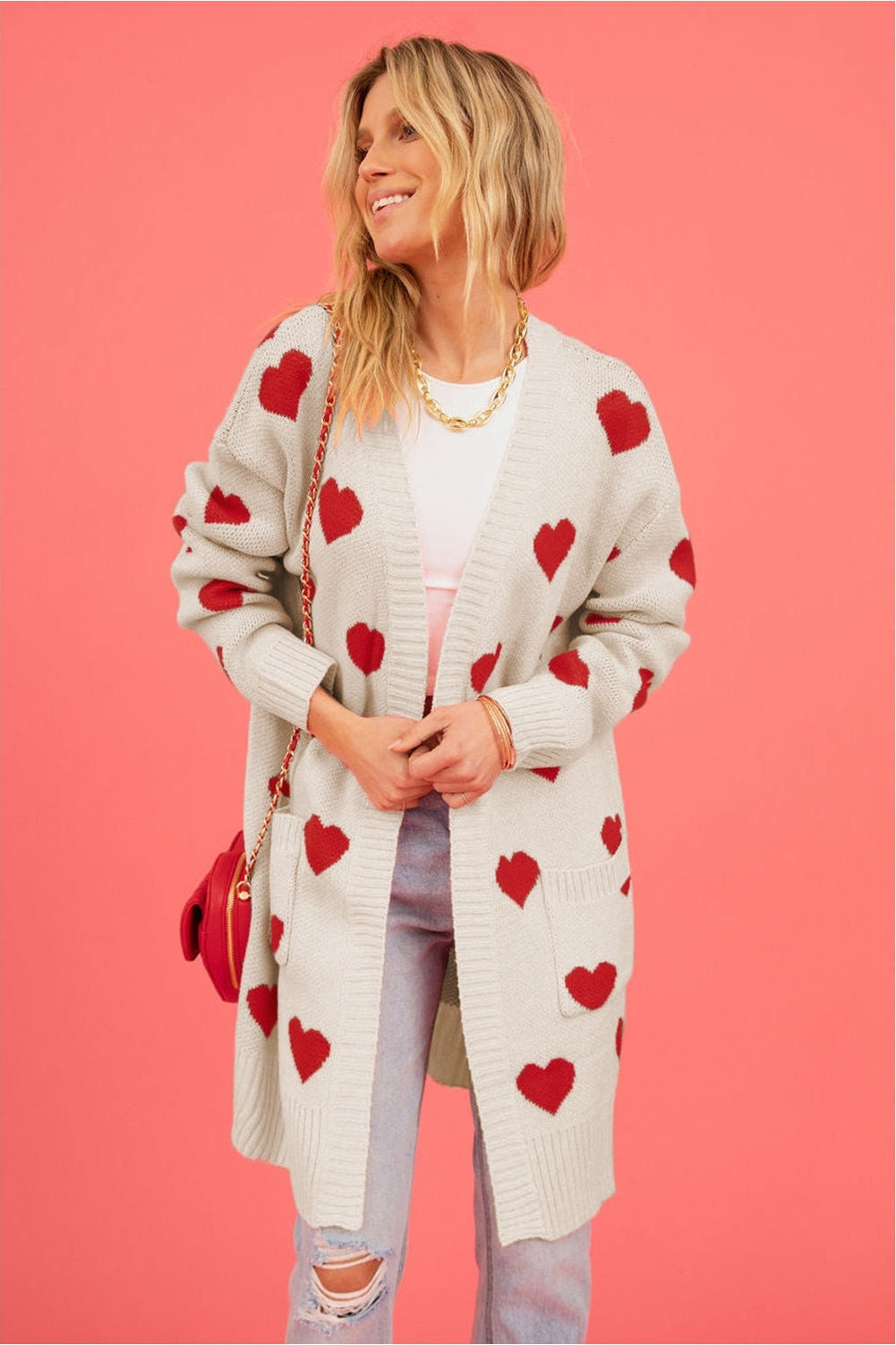 Heart Graphic Open Front Cardigan with Pockets nicholesgifts