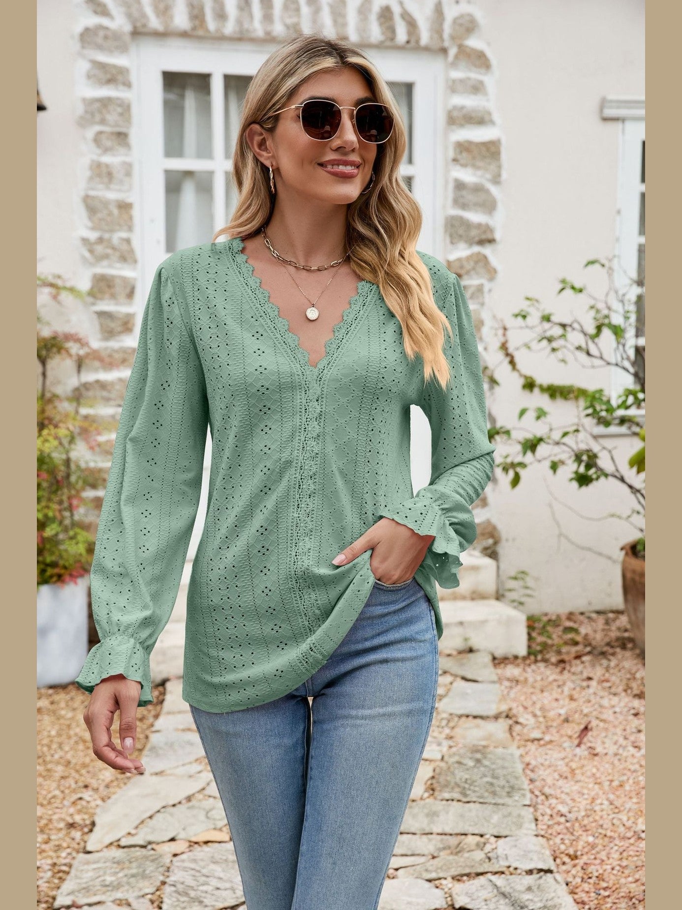 Eyelet Lace Trim Flounce Sleeve Blouse