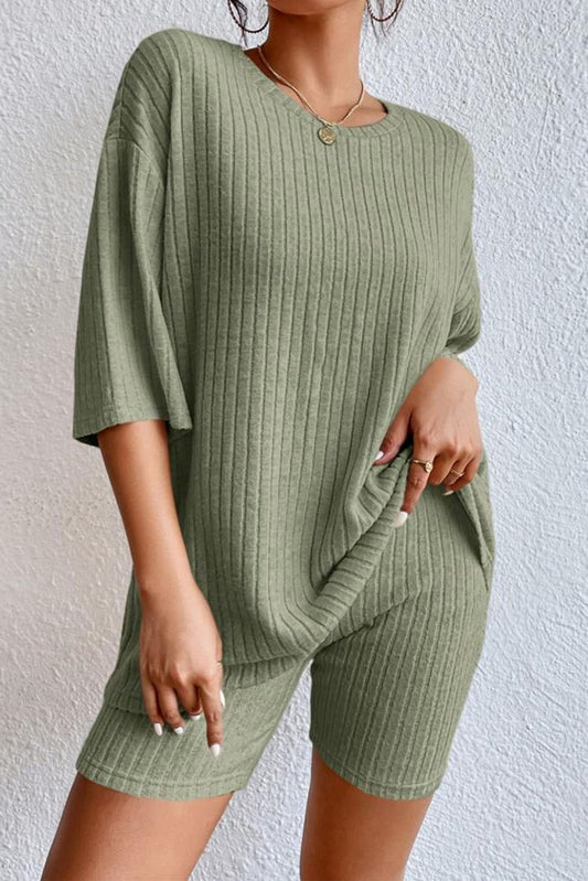 Round Neck Ribbed Top and Shorts Lounge Set NicholesGifts