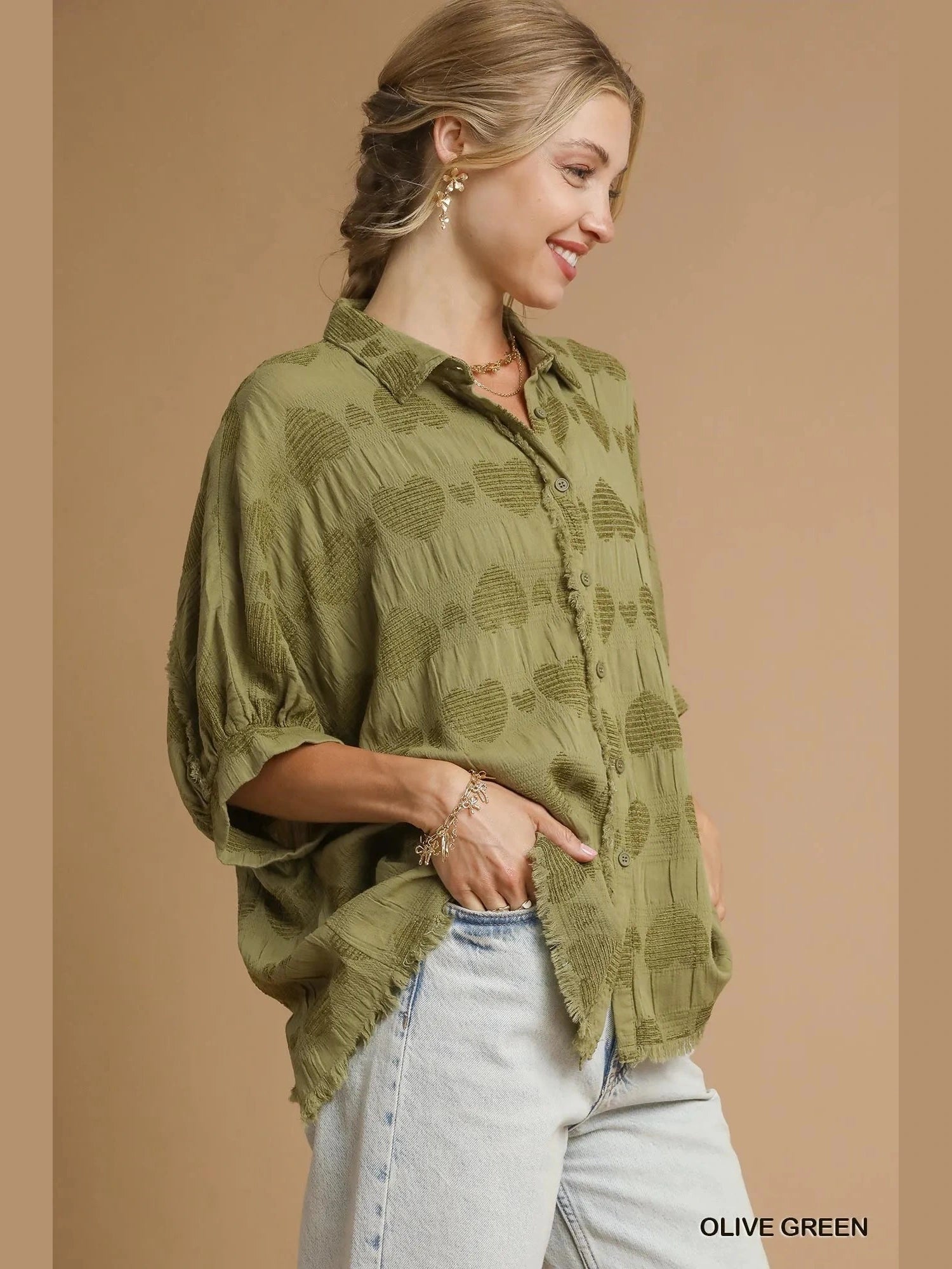 Women Umgee Jacquard Heart Collared Olive Green Short Sleeve Shirt NicholesGifts