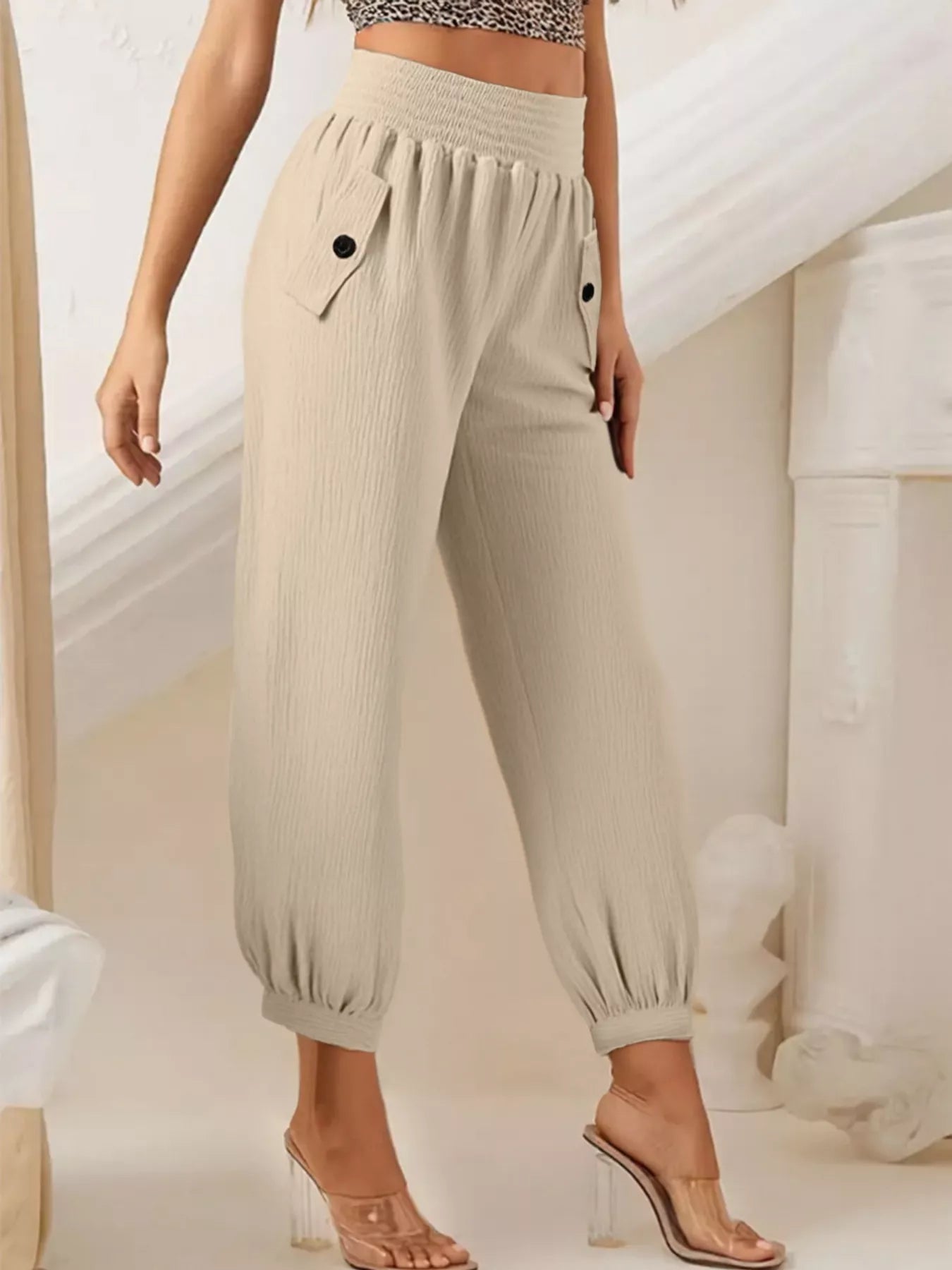 Women Smocked Textured Casual Pants nicholesgifts