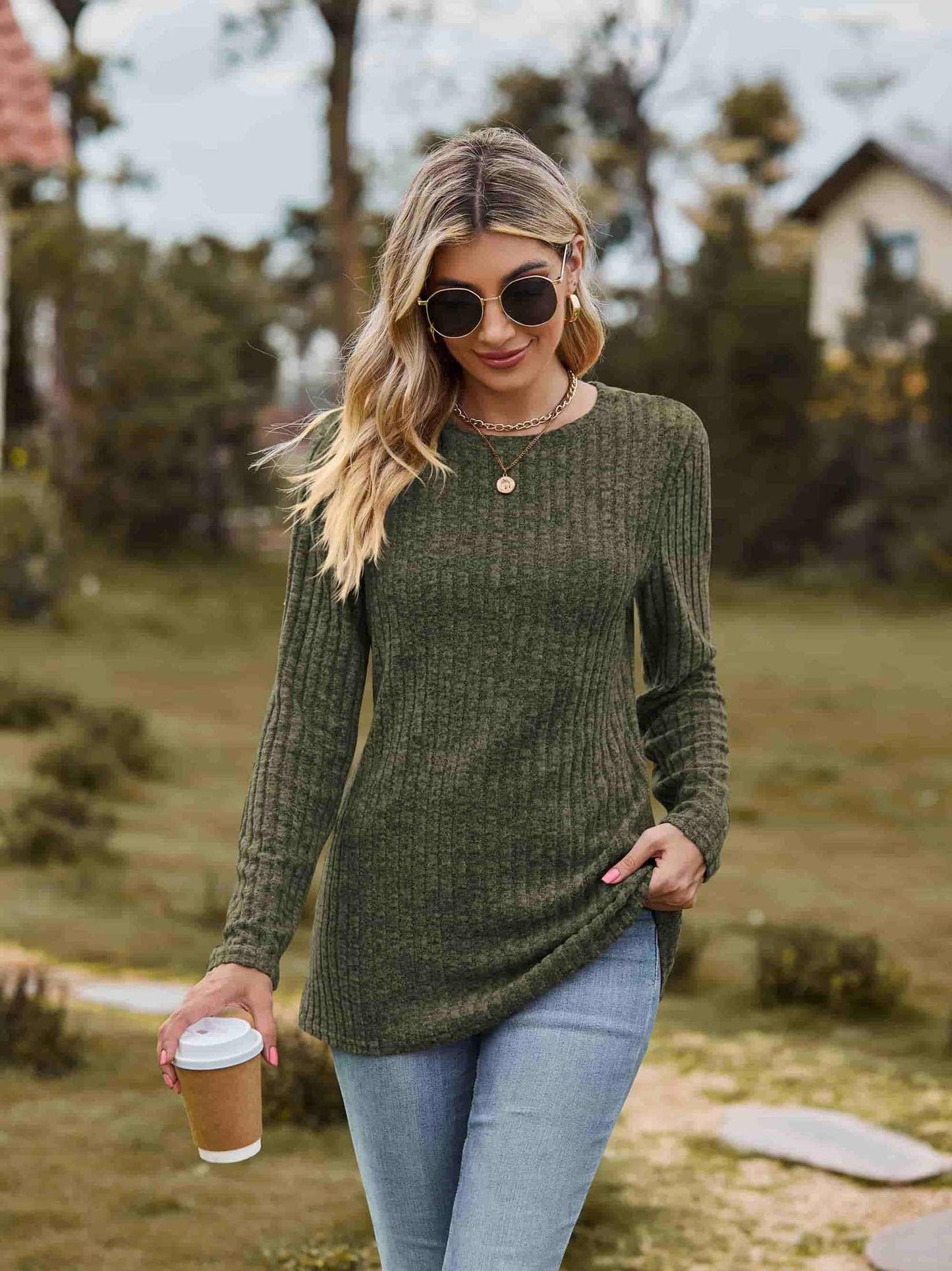 Ribbed Round Neck Long Sleeve Tee NicholesGifts