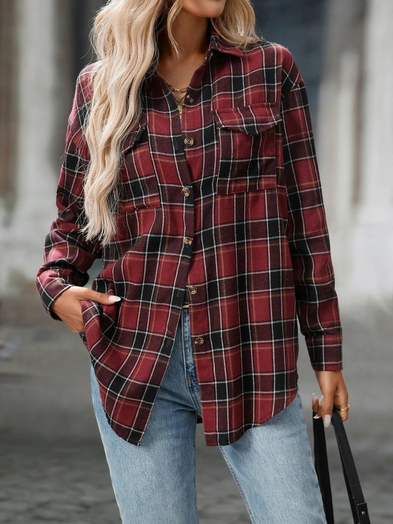Plaid Button-Down Oversized Shirt Trendsi
