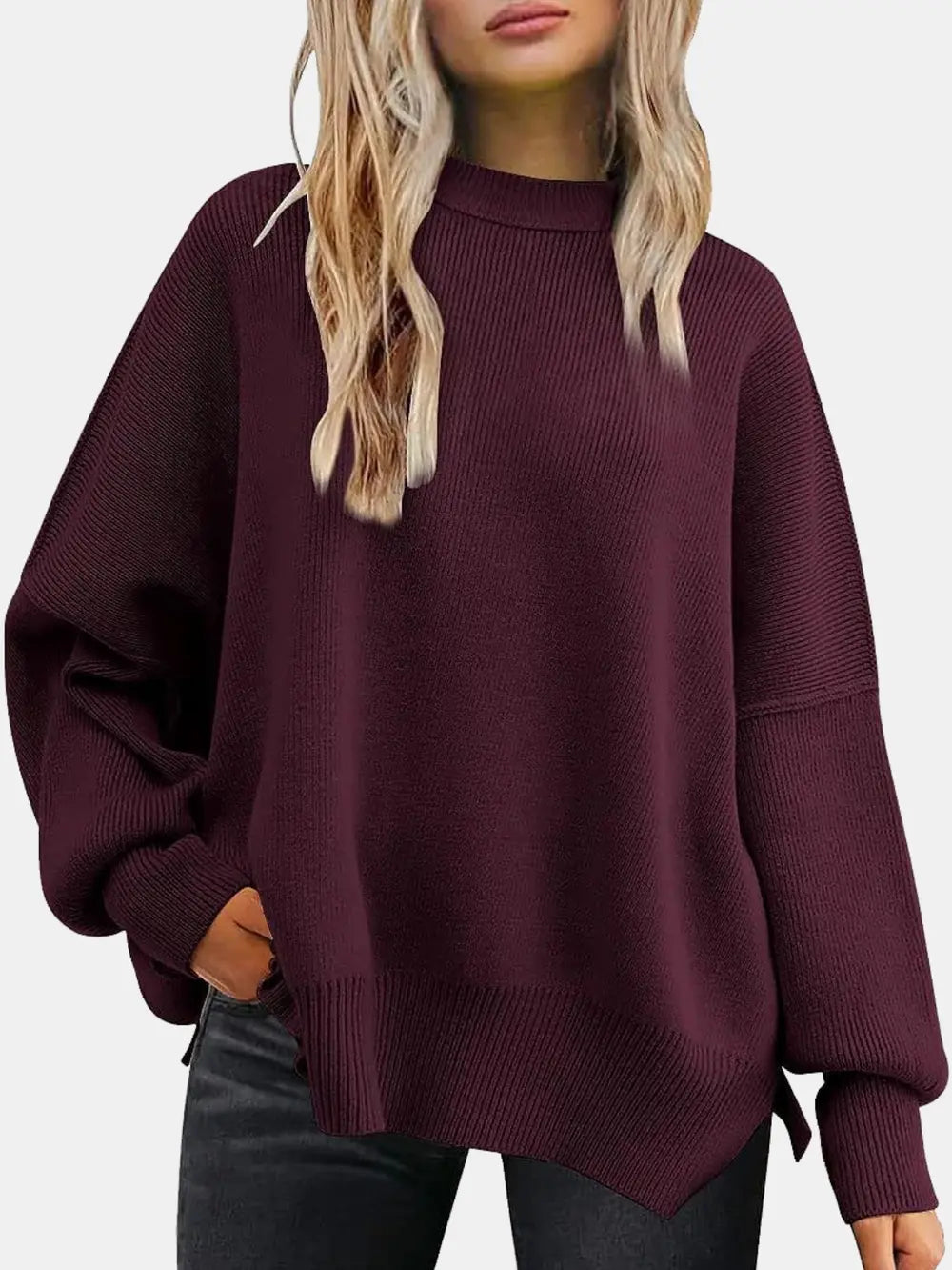Round Neck Drop Shoulder Slit Sweater Trendsi
