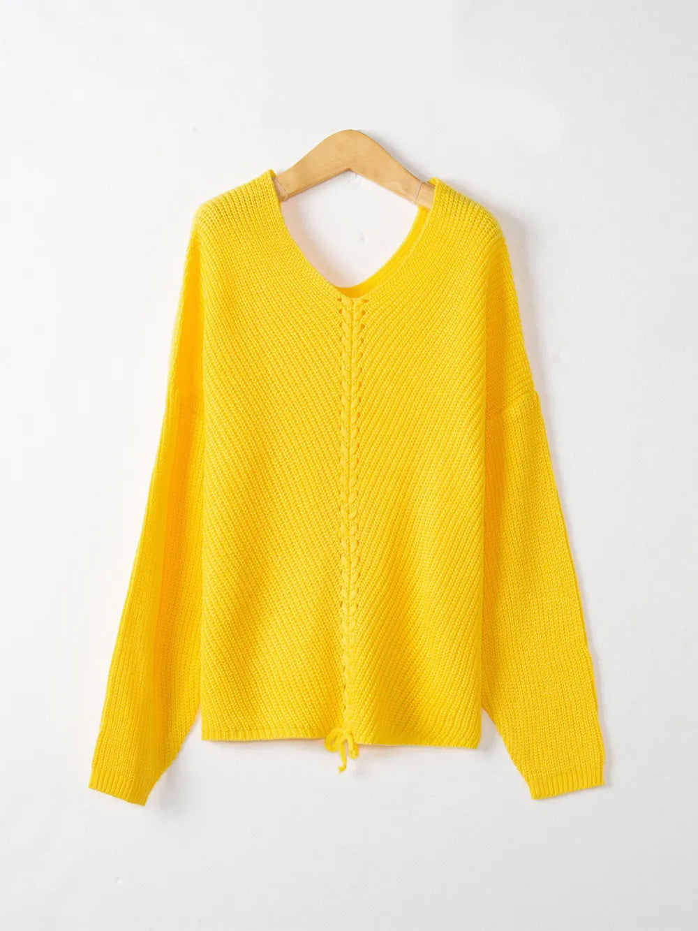 Full Size Lace Up V-Neck Long Sleeve Sweater Trendsi