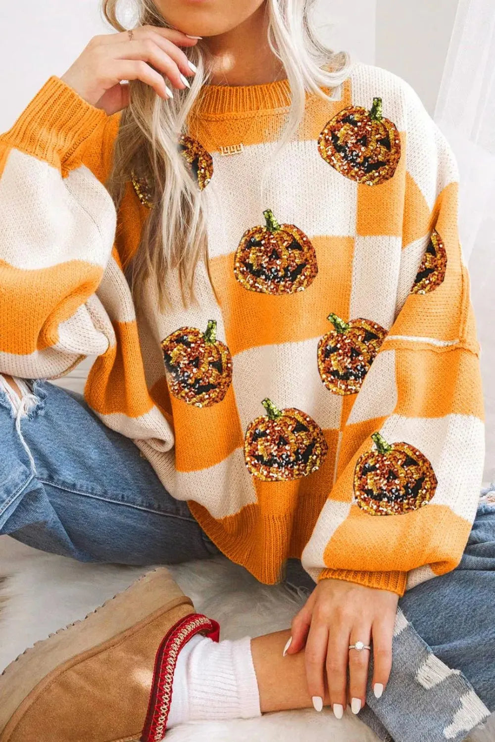 Women Pumpkin Checkered Round Neck Long Sleeve Halloween Sweater