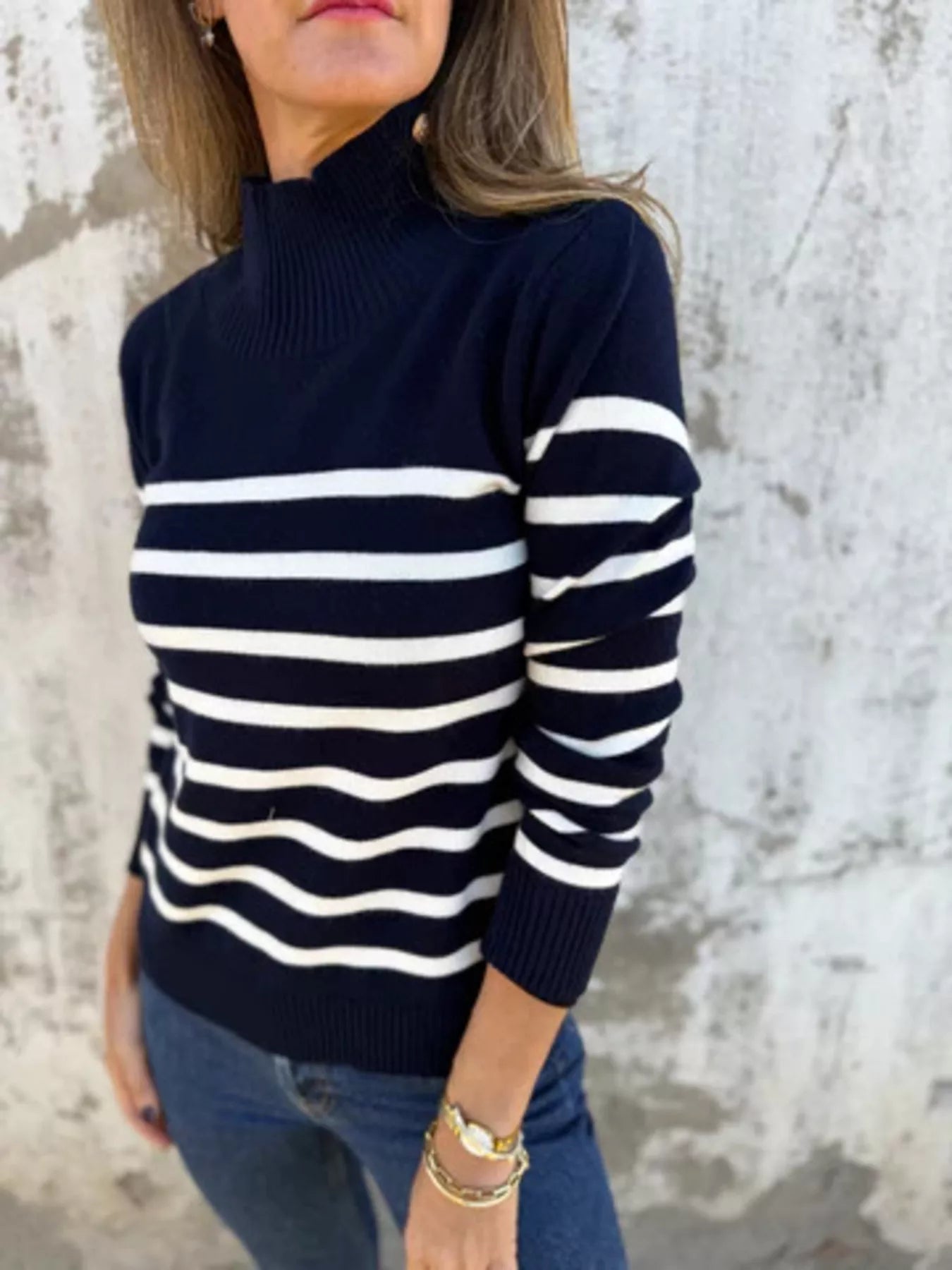 Full Size Striped Turtleneck Long Sleeve Sweater Plus Size Trendsi