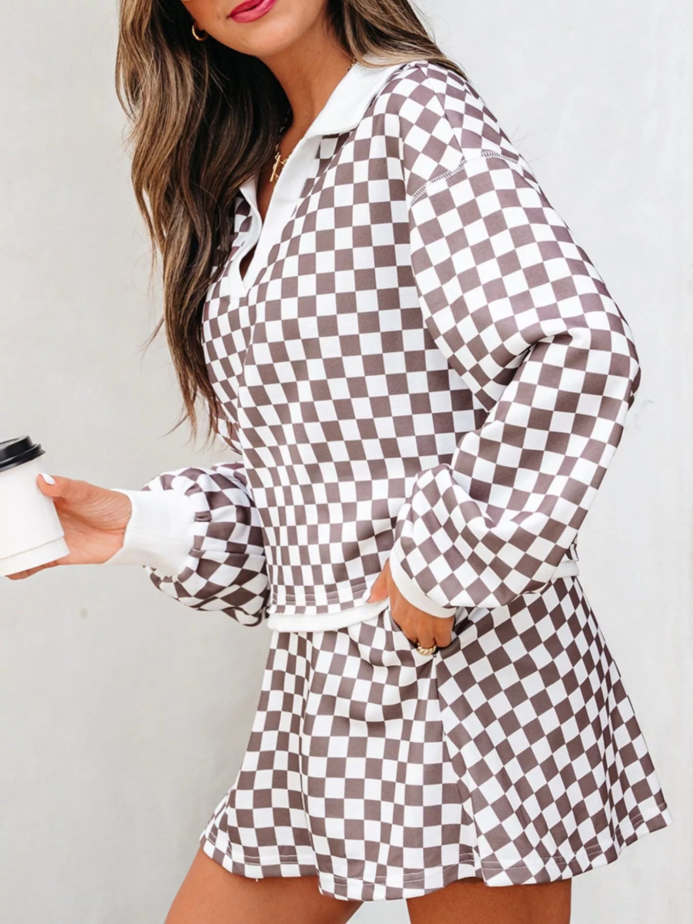 Checkered Print Polo Collar Cropped Long Sleeve Top and Drawstring Mini Skirt Set Trendsi