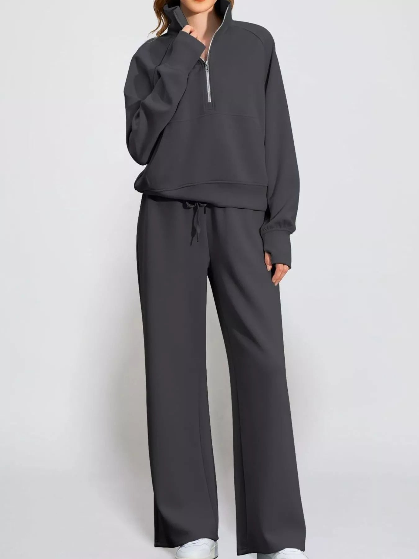 Full Size Half-Zip Sweatshirt and Wide-Leg Pants Set Plus Size Trendsi