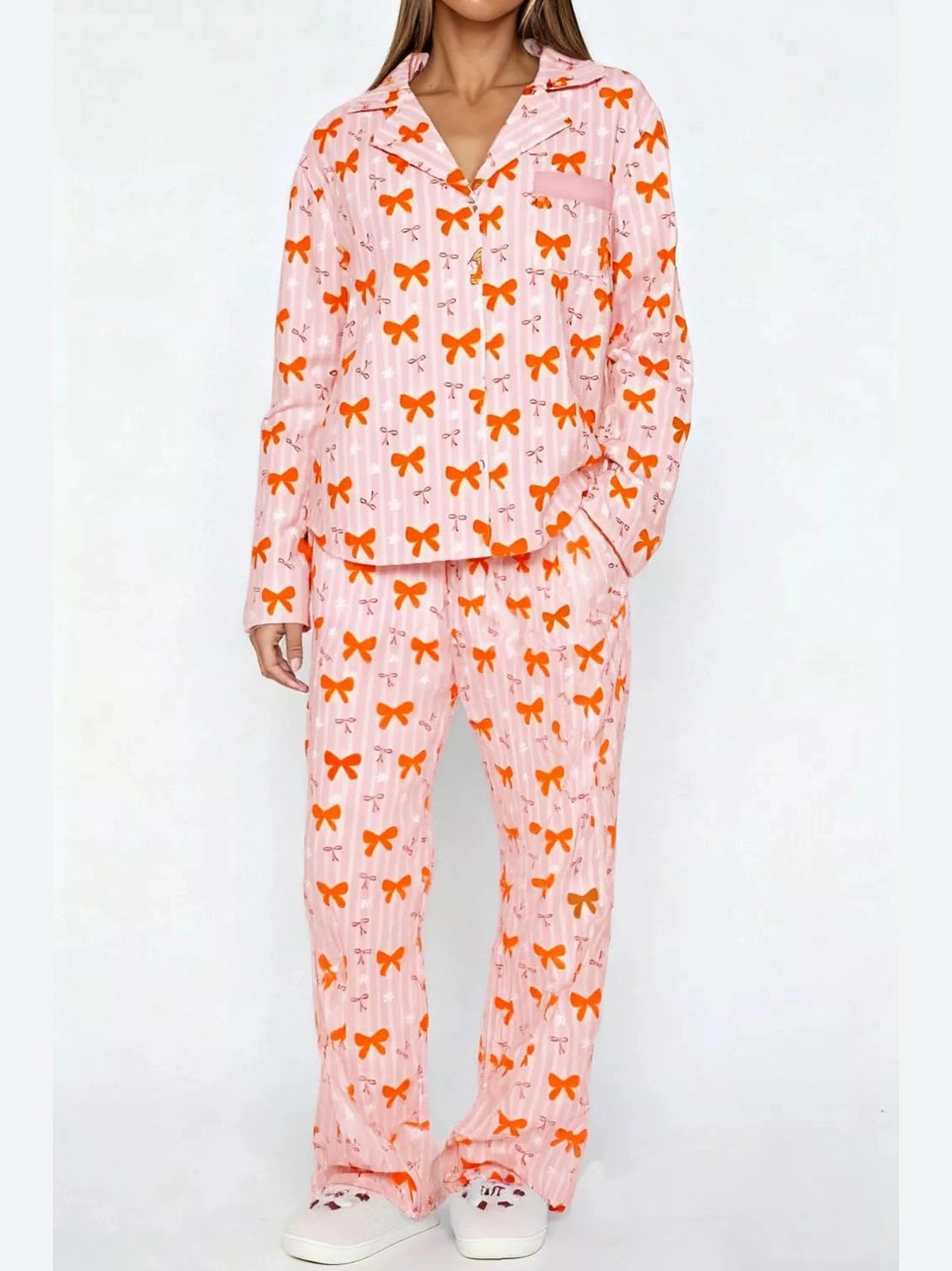 Bow Print Top and Wide Leg Pants Lounge Set nicholesgifts