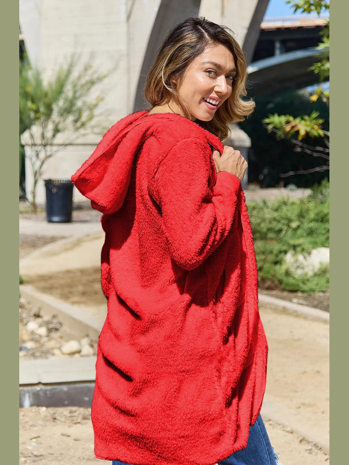 Double Take Full Size Hooded Teddy Bear Jacket with Thumbholes nicholesgifts
