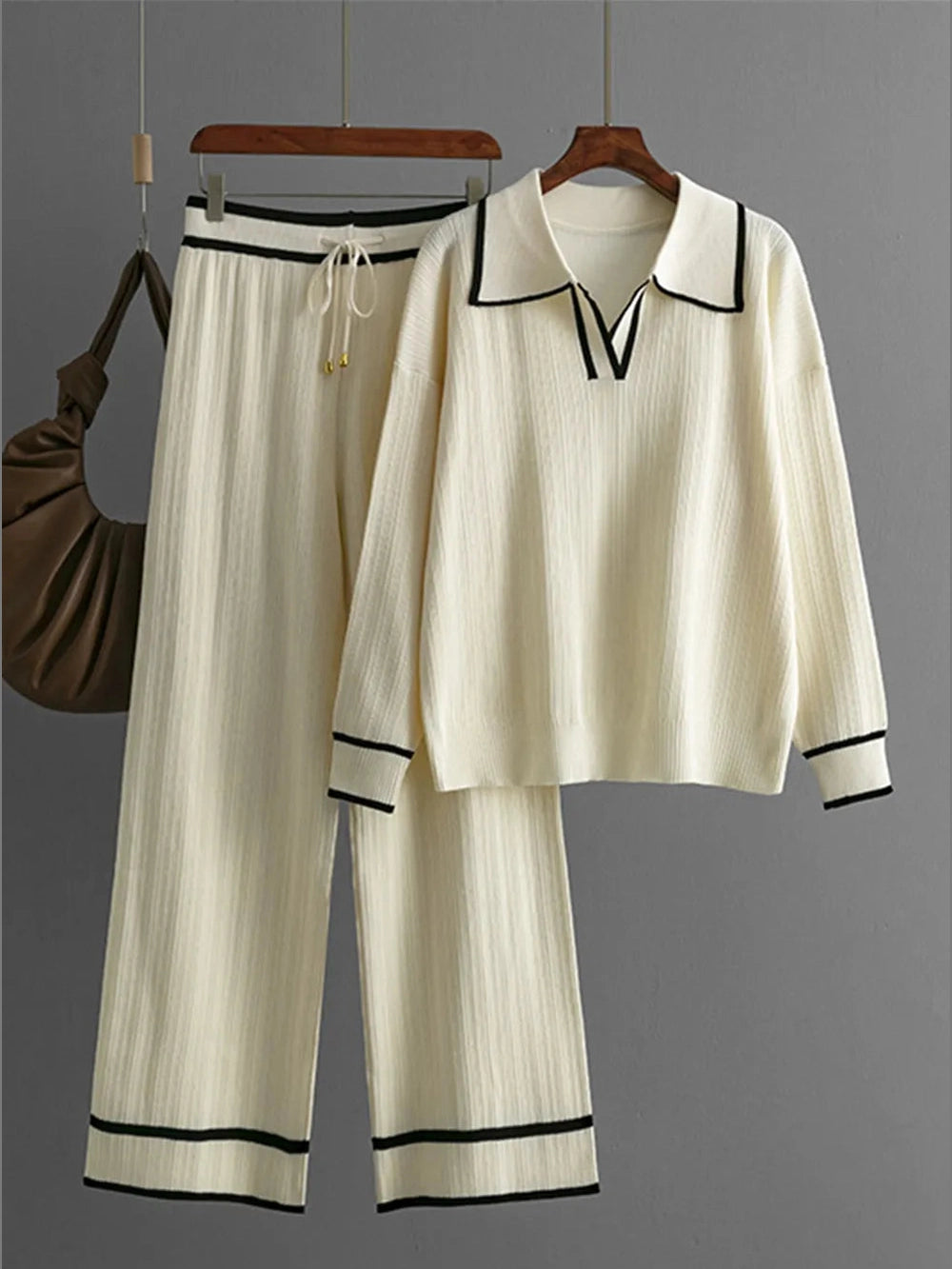 Contrast Trim Johnny Collar Top and Drawstring Pants Sweater Set nicholesgifts