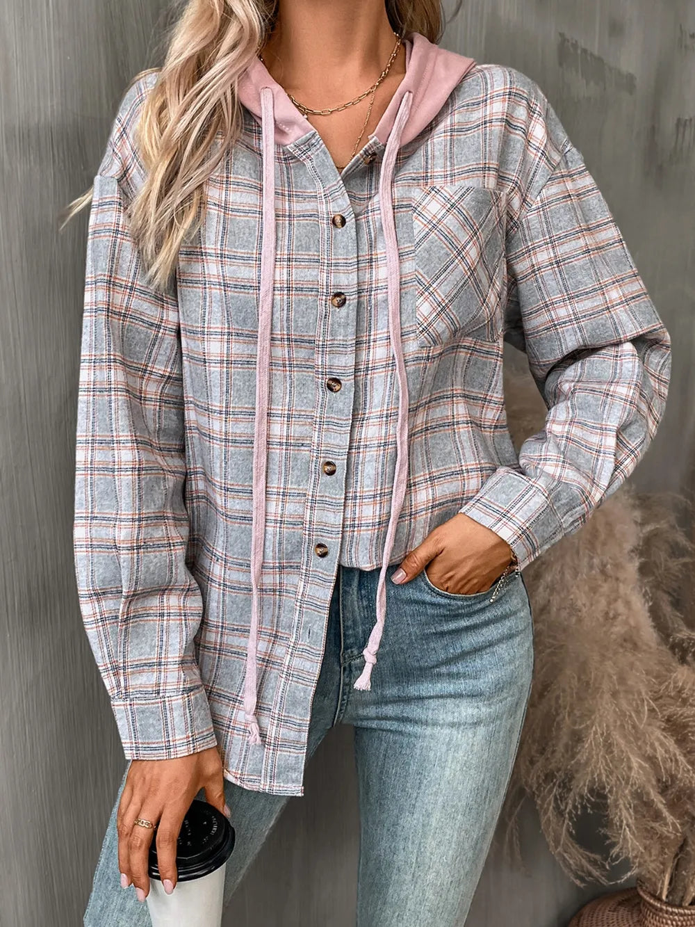 Plaid Long Sleeve Hooded Jacket nicholesgifts