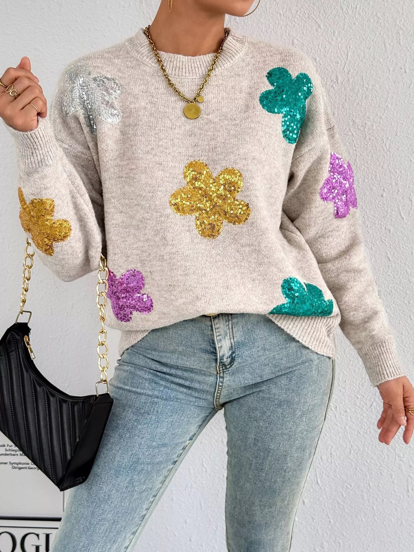 Sequined Floral Round Neck Sweater NicholesGifts