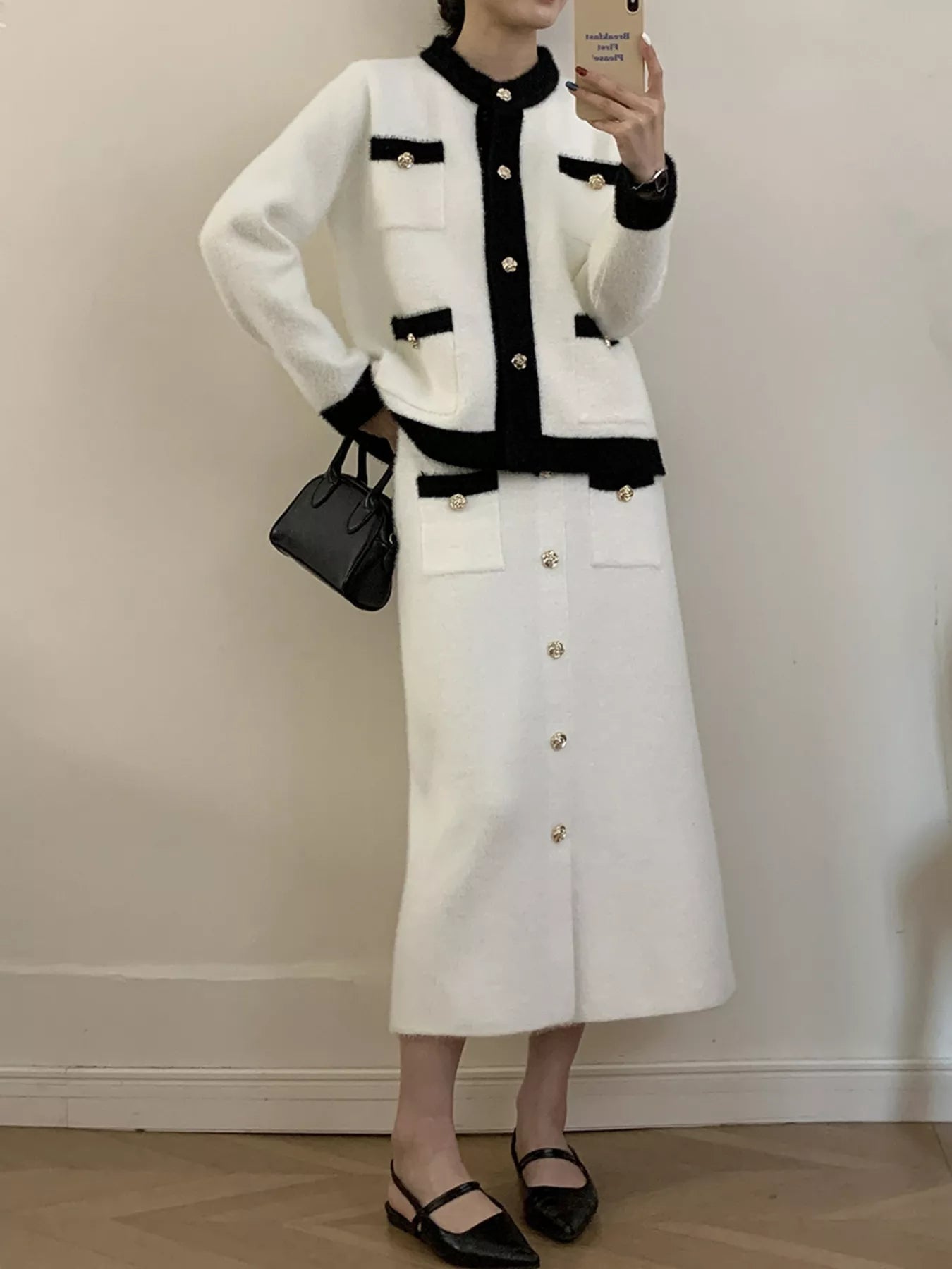 Contrast Trim Jacket and Skirts Sweater Set nicholesgifts