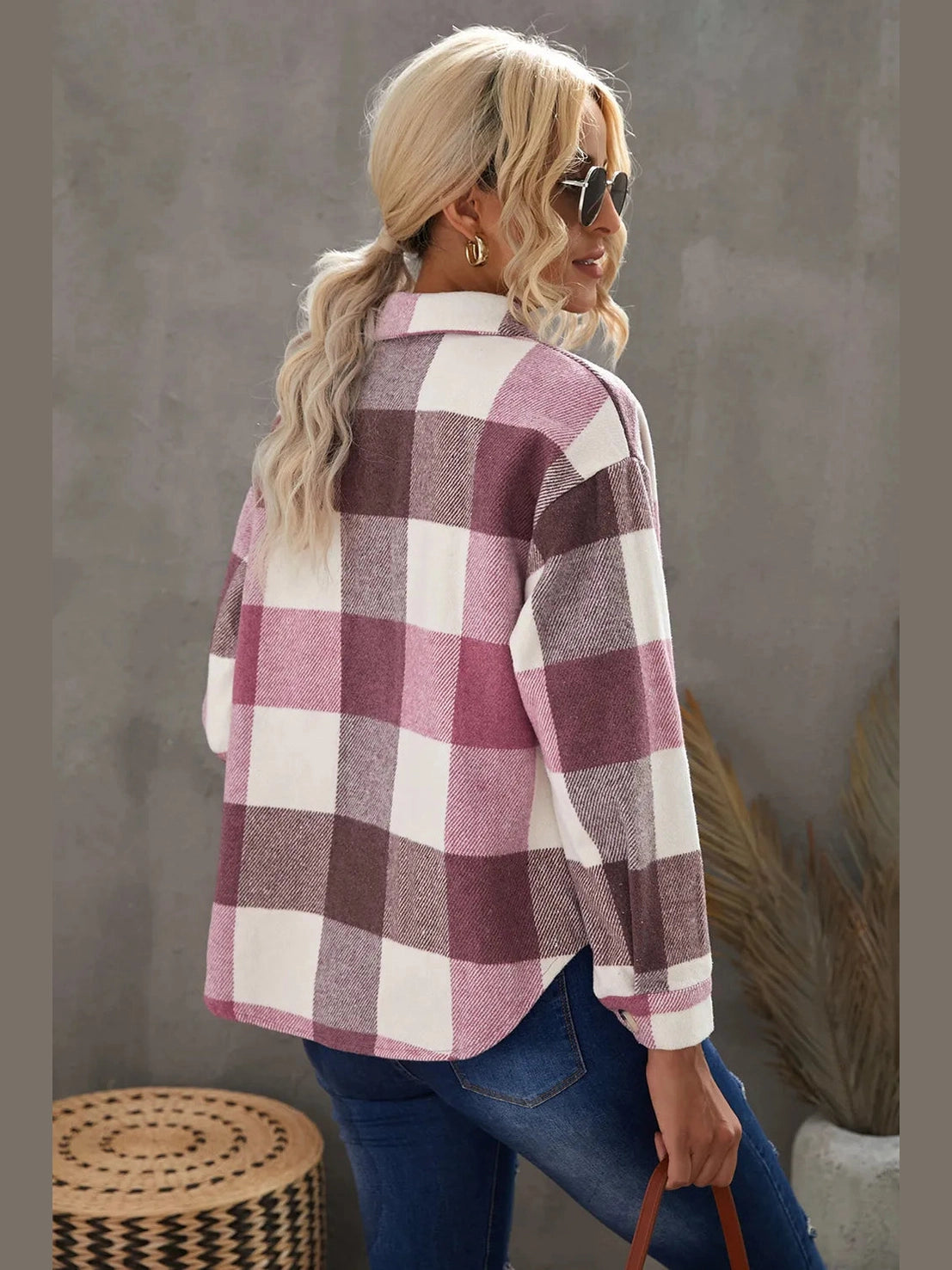 Plaid Button Up Dropped Shoulder Jacket nicholesgifts