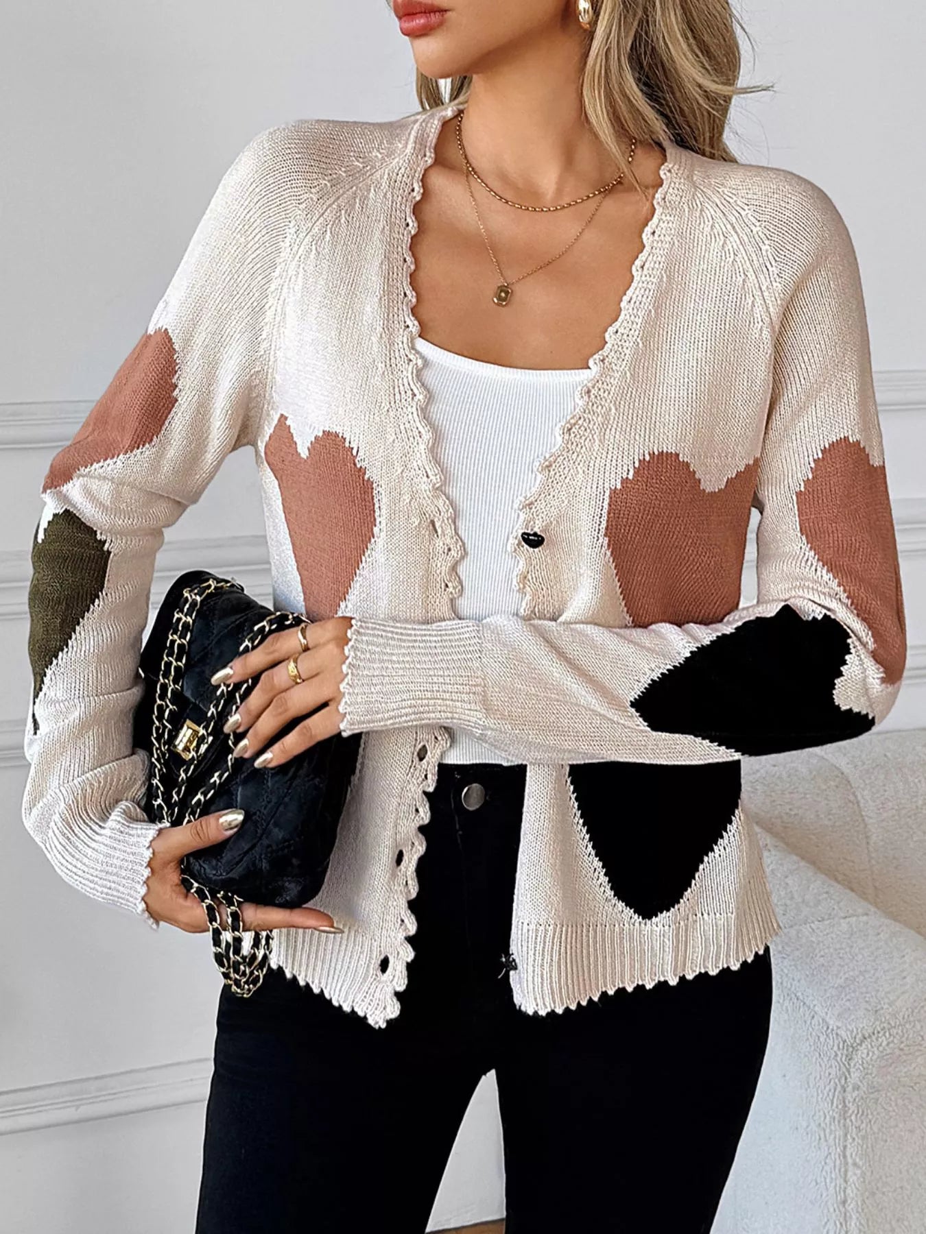 Heart Pattern Button-Up Cardigan