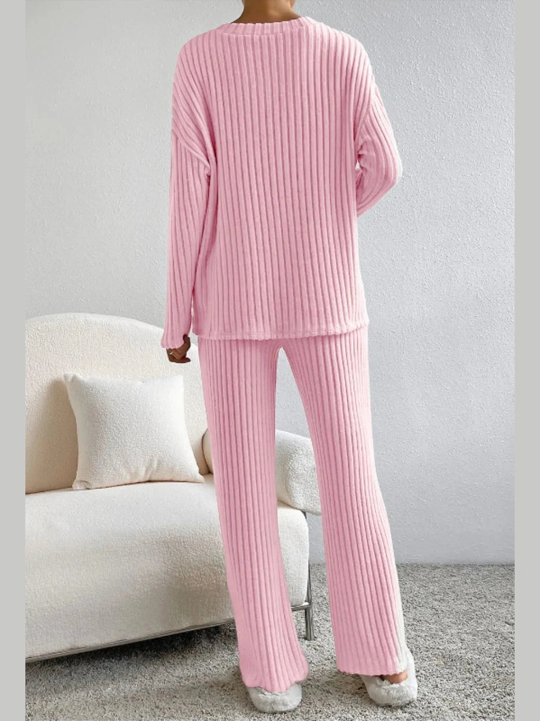 Ribbed V-Neck Top and Pants Lounge Set nicholesgifts