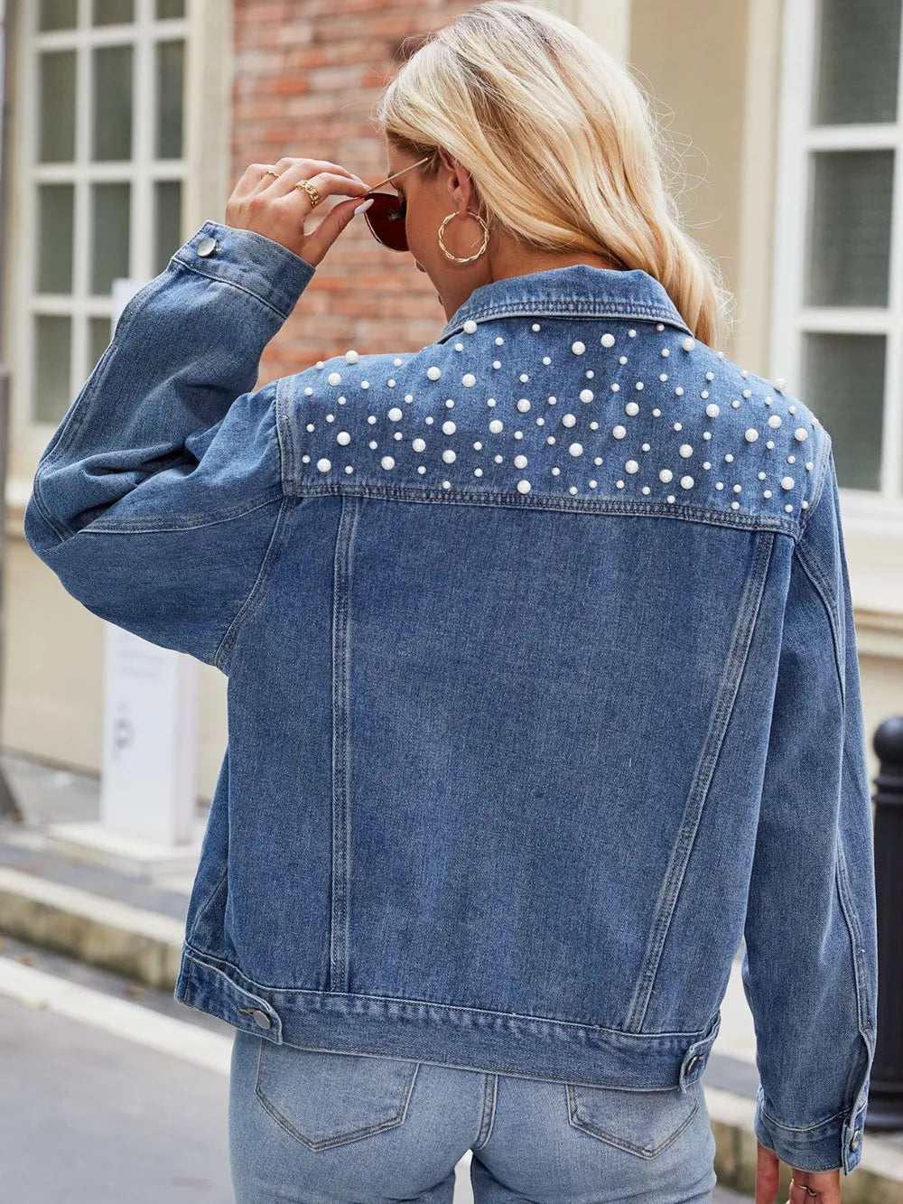 Pearl Detail Collared Neck Long Sleeve Denim Jacket nicholesgifts