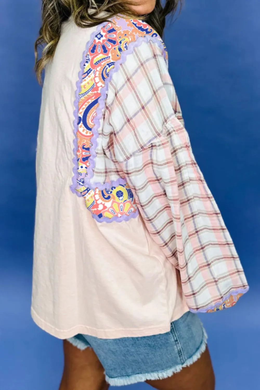 Paisley Print Plaid Long Sleeve Oversized Top Trendsi