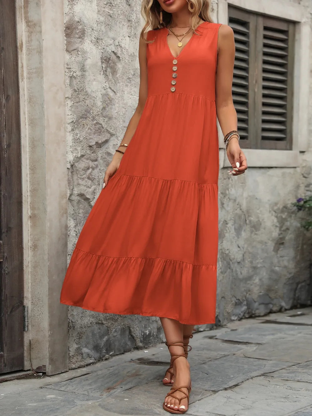 Ivy Lane Decorative Button Notched Sleeveless Dress Trendsi
