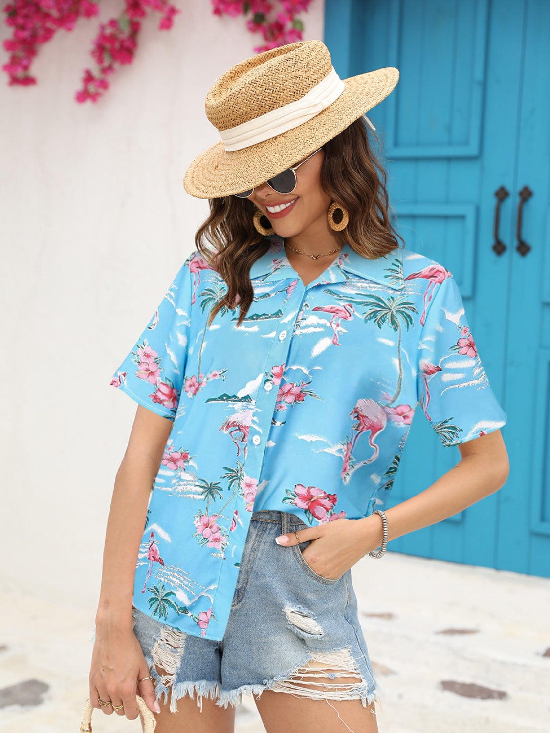 Printed Collared Neck Short Sleeve Shirt nicholesgifts