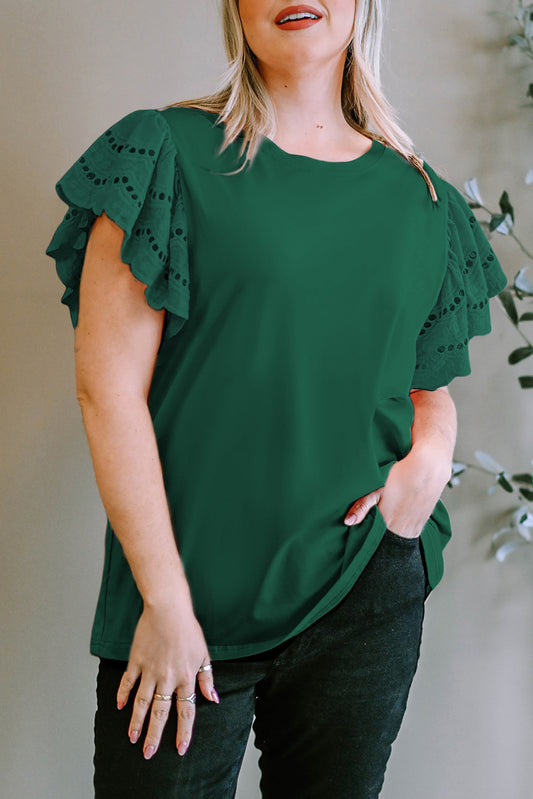 Plus Size Women Eyelet Round Neck Short Sleeve Blouse - Nicholesgifts.online