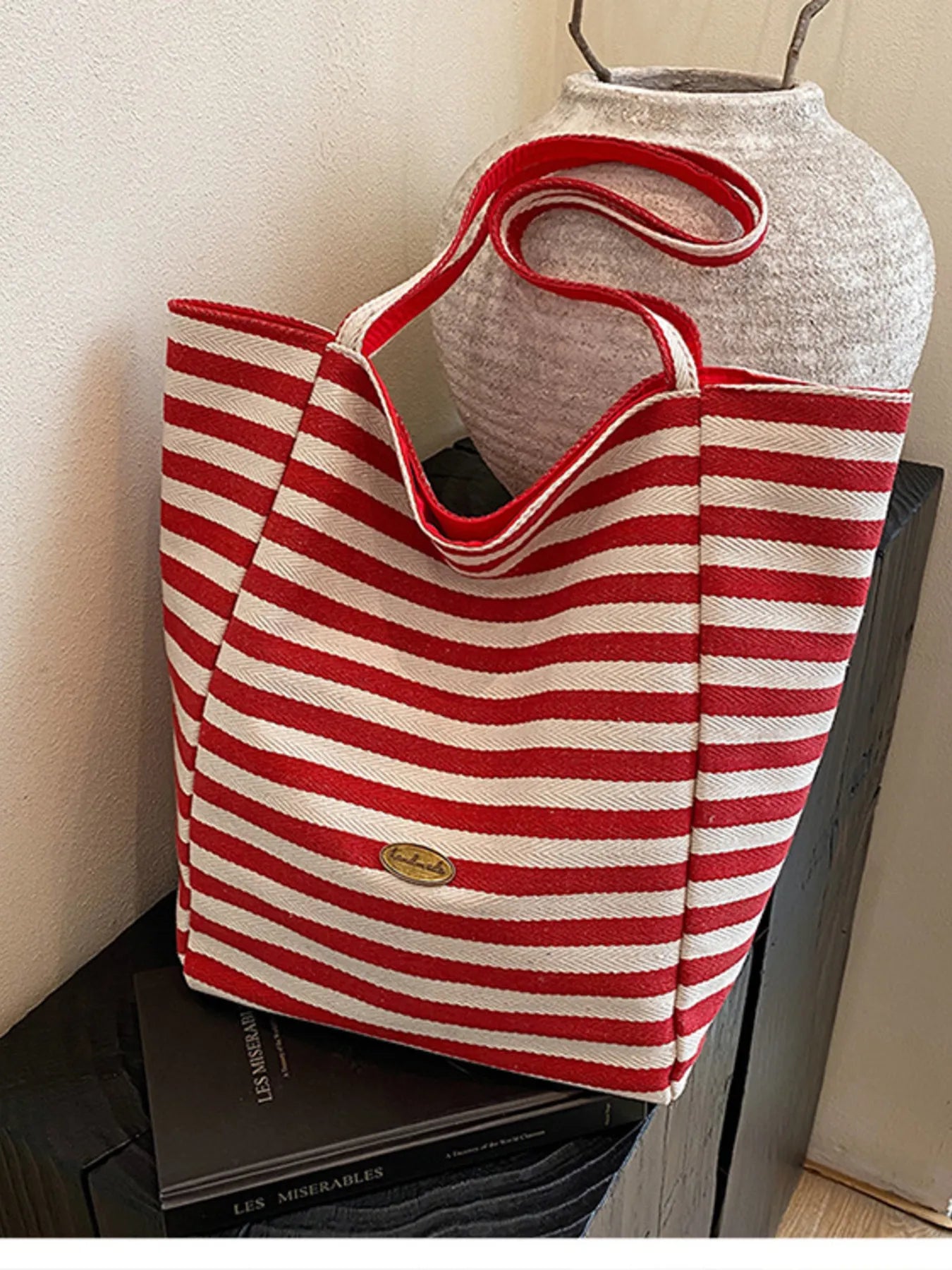 Striped Canvas Tote Bag Trendsi