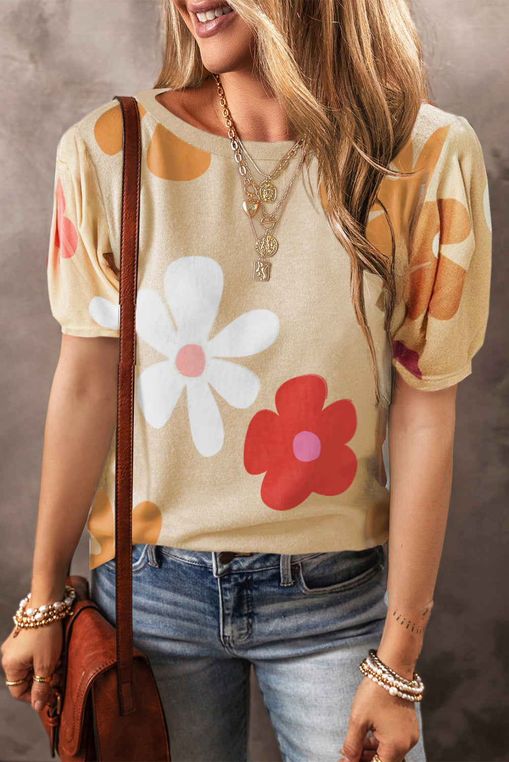 Flower Round Neck Short Sleeve Blouse nicholesgifts