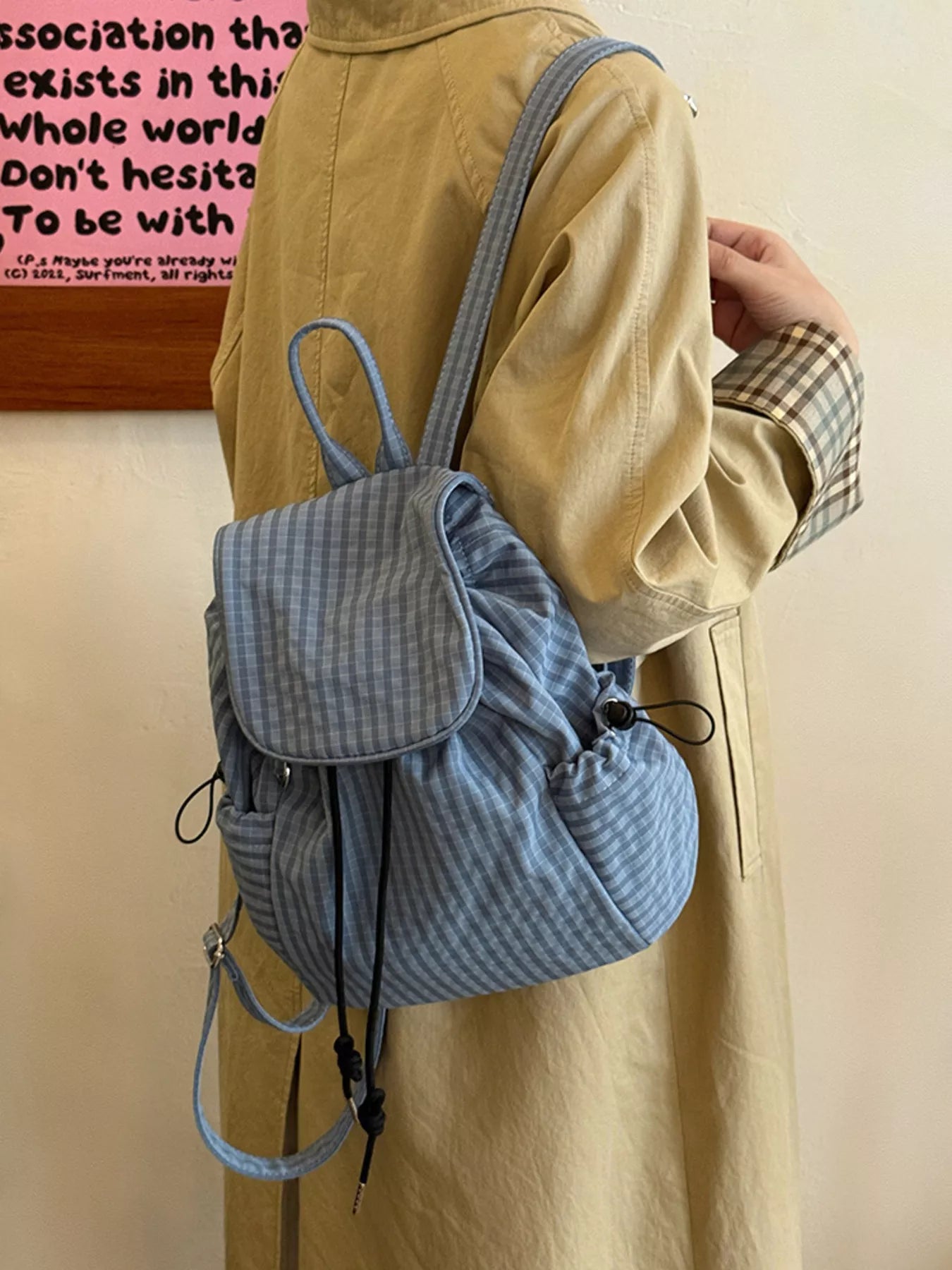 Plaid Drawstring Closure Backpack Bag nicholesgifts