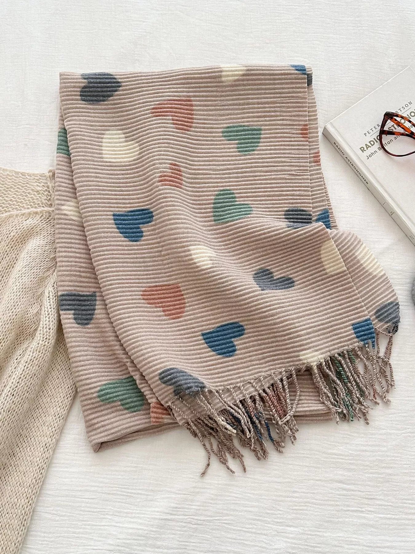 Women Heart Patterned Tassel Scarf Valentine's Day Gift For Her nicholesgifts