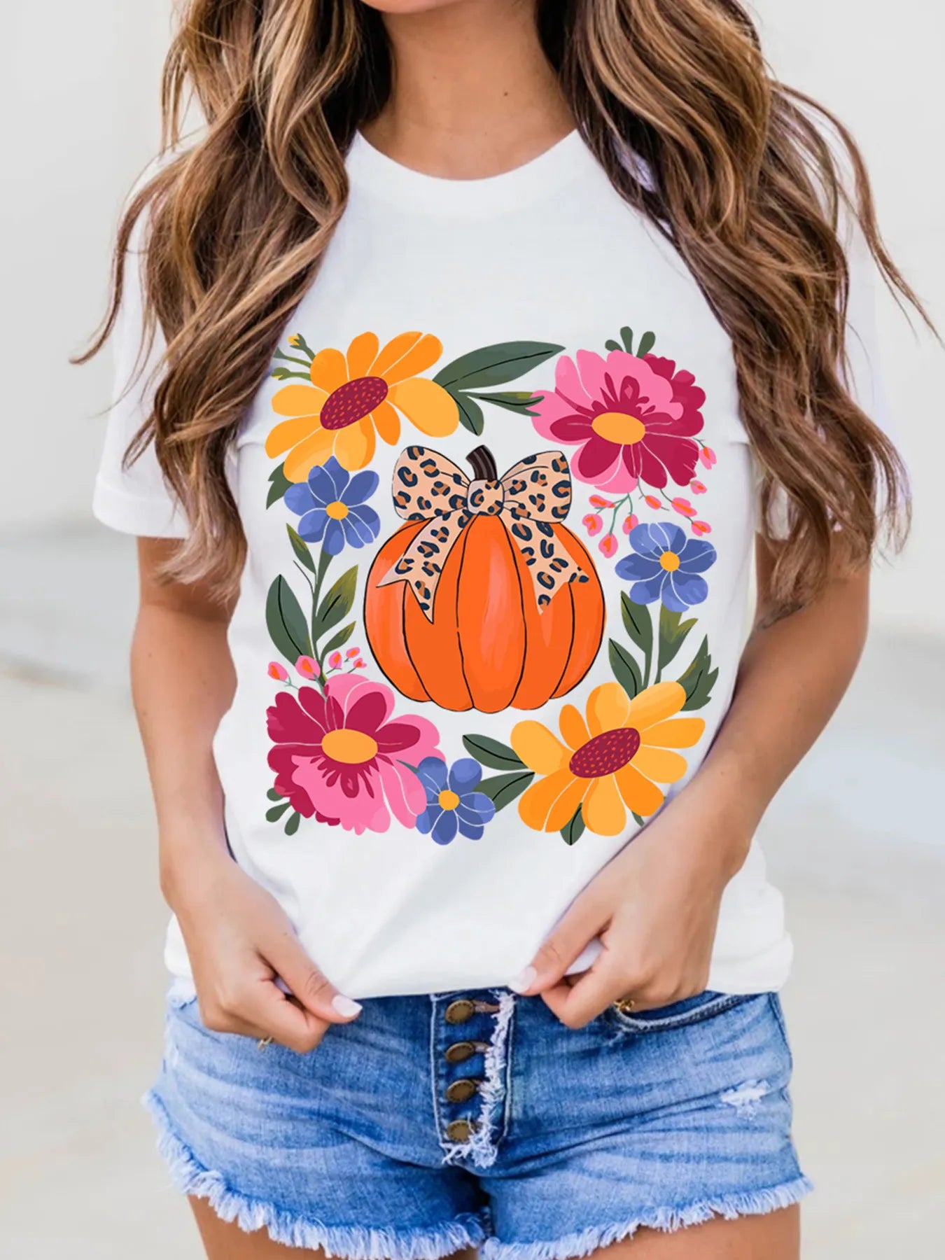 Pumpkin Floral Graphic Round Neck T-Shirt Trendsi