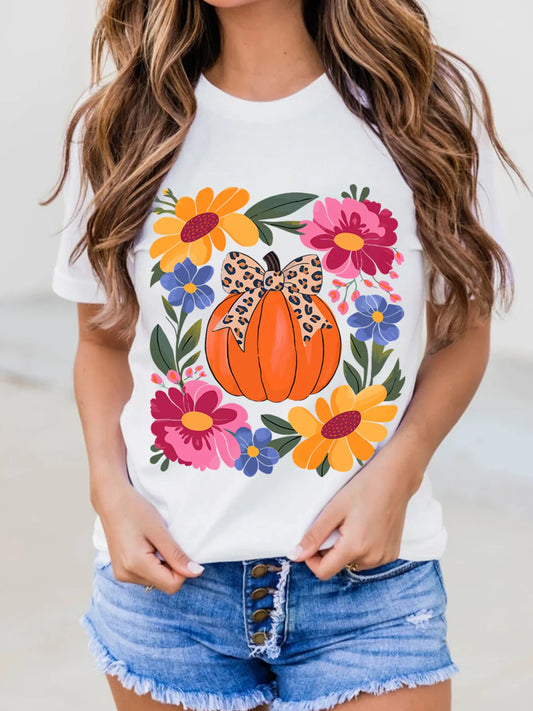 Pumpkin Floral Graphic Round Neck T-Shirt nicholesgifts