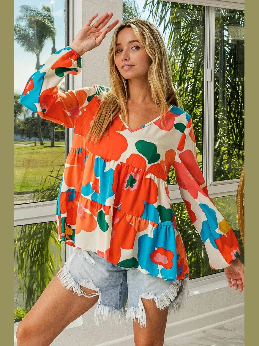 BiBi Floral Woven Tiered V Neck Top