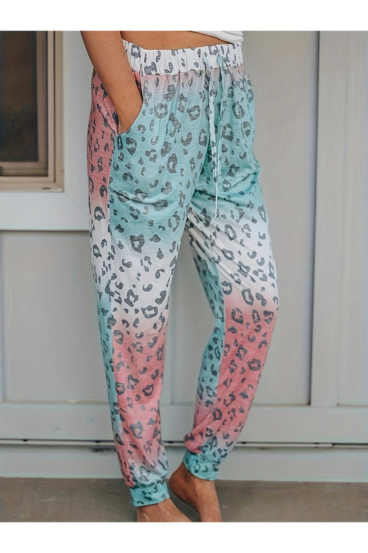 Women Drawstring Leopard Pants with Pockets