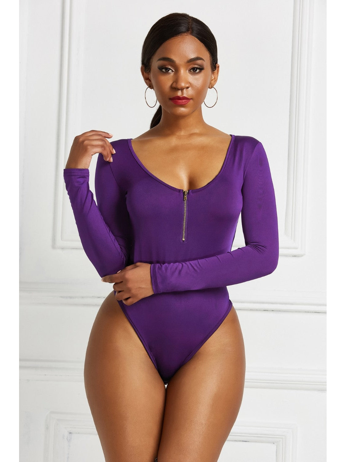 Women Half Zip Scoop Neck Long Sleeve Bodysuit nicholesgifts