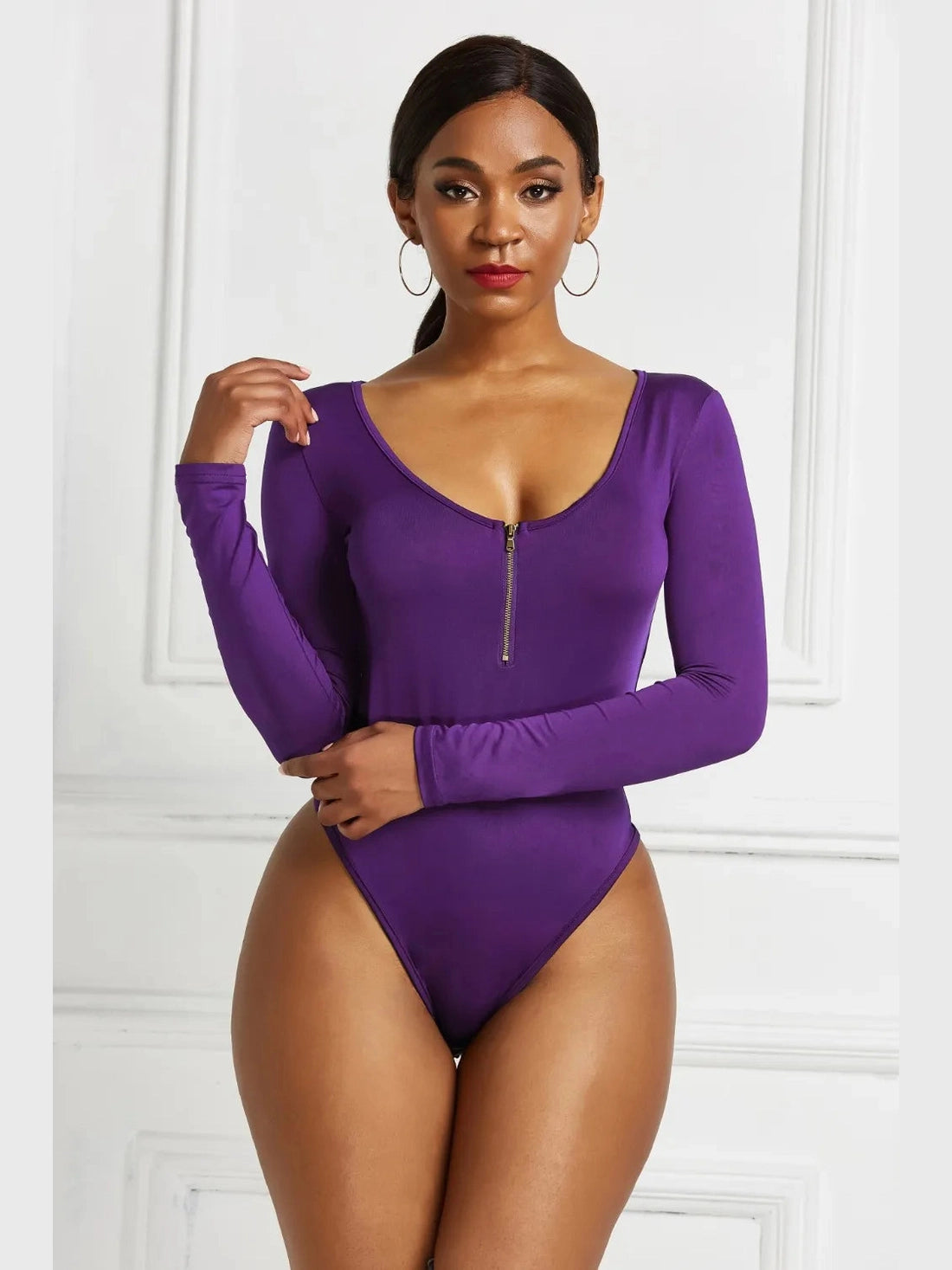Half Zip Scoop Neck Long Sleeve Bodysuit nicholesgifts