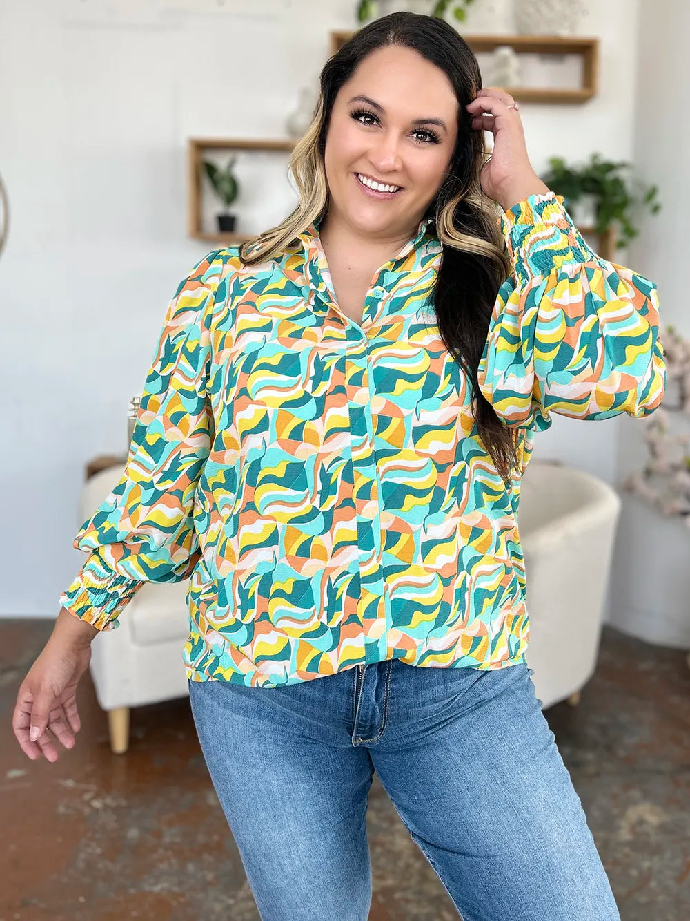 Double Take Full Size Printed Smocked Long Sleeve Blouse nicholesgifts