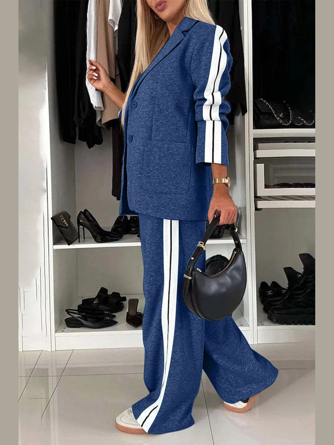 Full Size Contrast Lapel Collar Top and Pants Set nicholesgifts